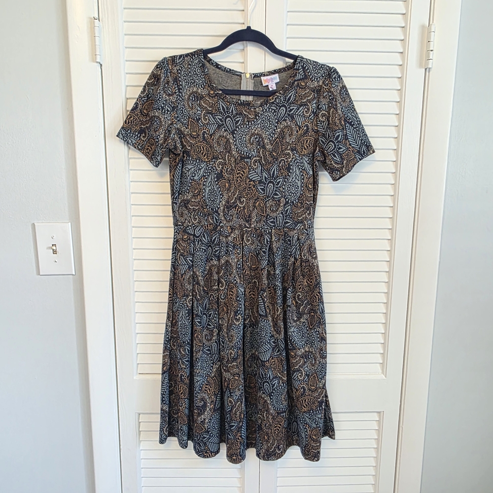 LuLaRoe Amelia Blue and Brown Midi Dress